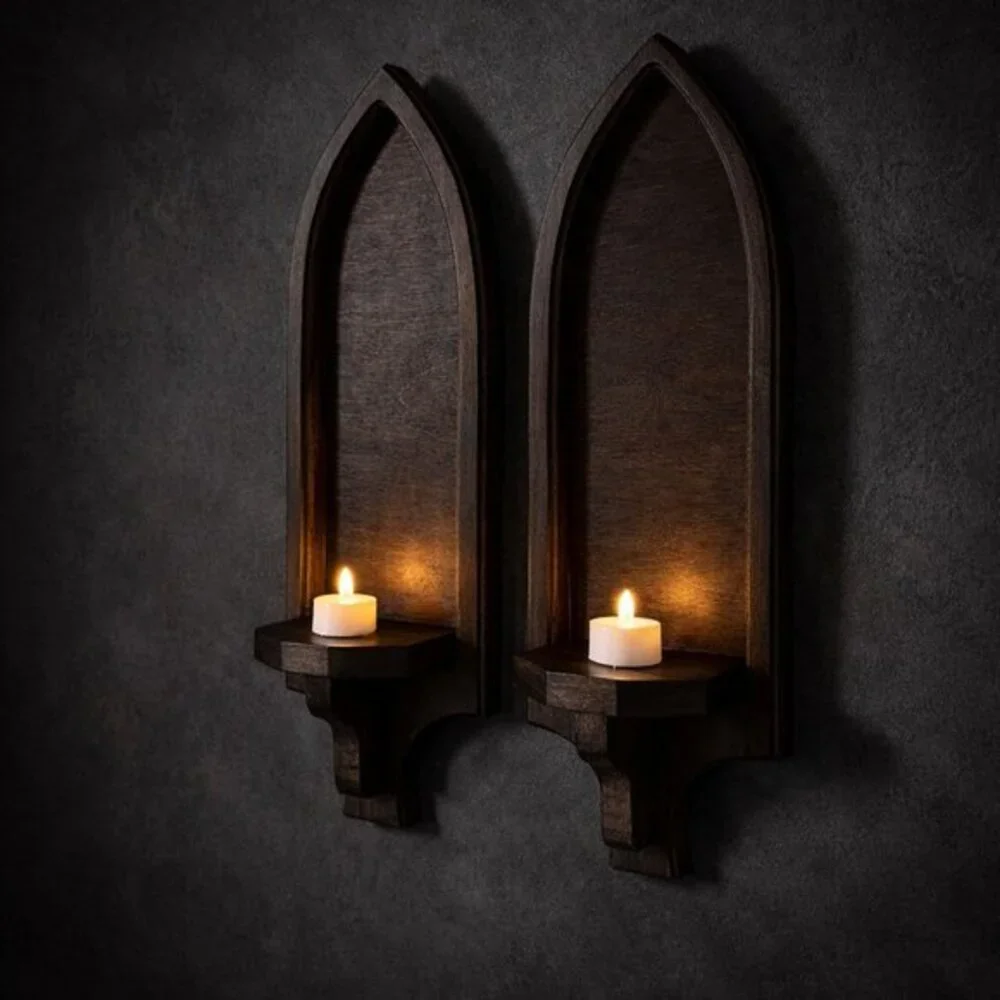 Gothic Arch Wood Wall Sconces Set of 2 Dark Walnut Candle Holders Handmade